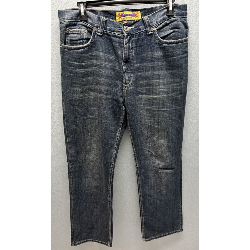 Vintage Fusai Mens 38x32 Jeans Straight Leg Faux Leather Button Flap Pockets